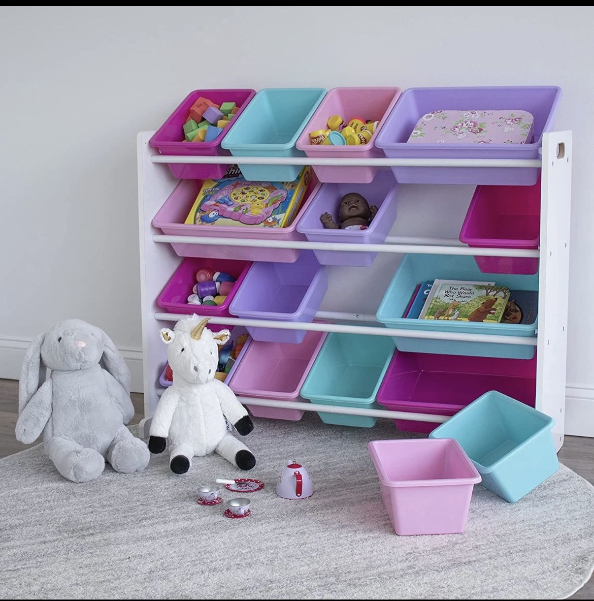 White/Blue/Pink/Purple Extra-Large Toy Organizer, 16 Storage Bins