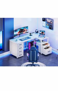 Coleshome L Shaped Computer Desk with 6 Fabric Drawers & Power Outlet, 55 Inch Corner Desk with Reversible Storage Shelf & File Drawer, Home Office De