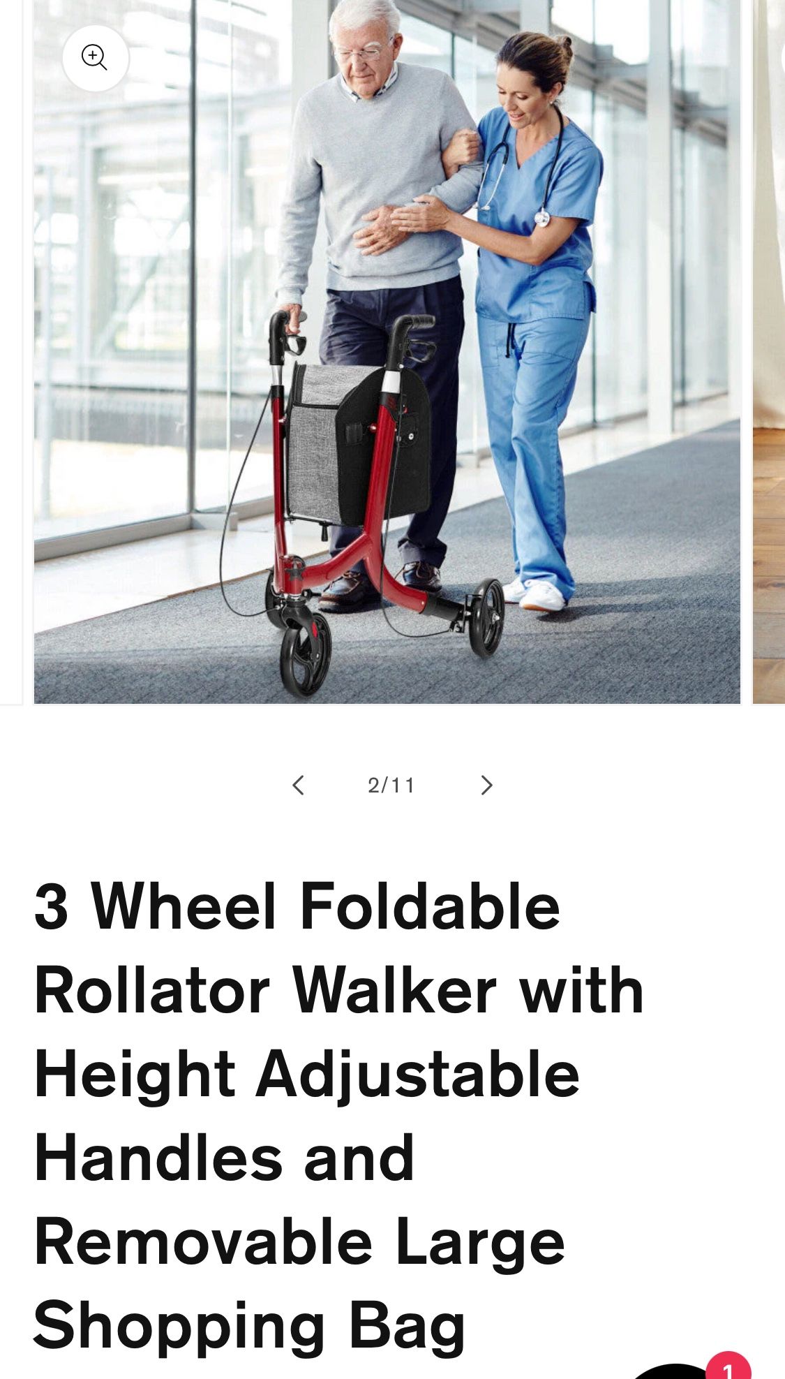 3 Wheel Foldable Rollator Walker with Height Adjustable Handles and Removable Large Shopping Bag