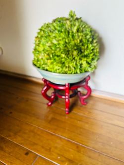 Asian round faux plant with wood Stand