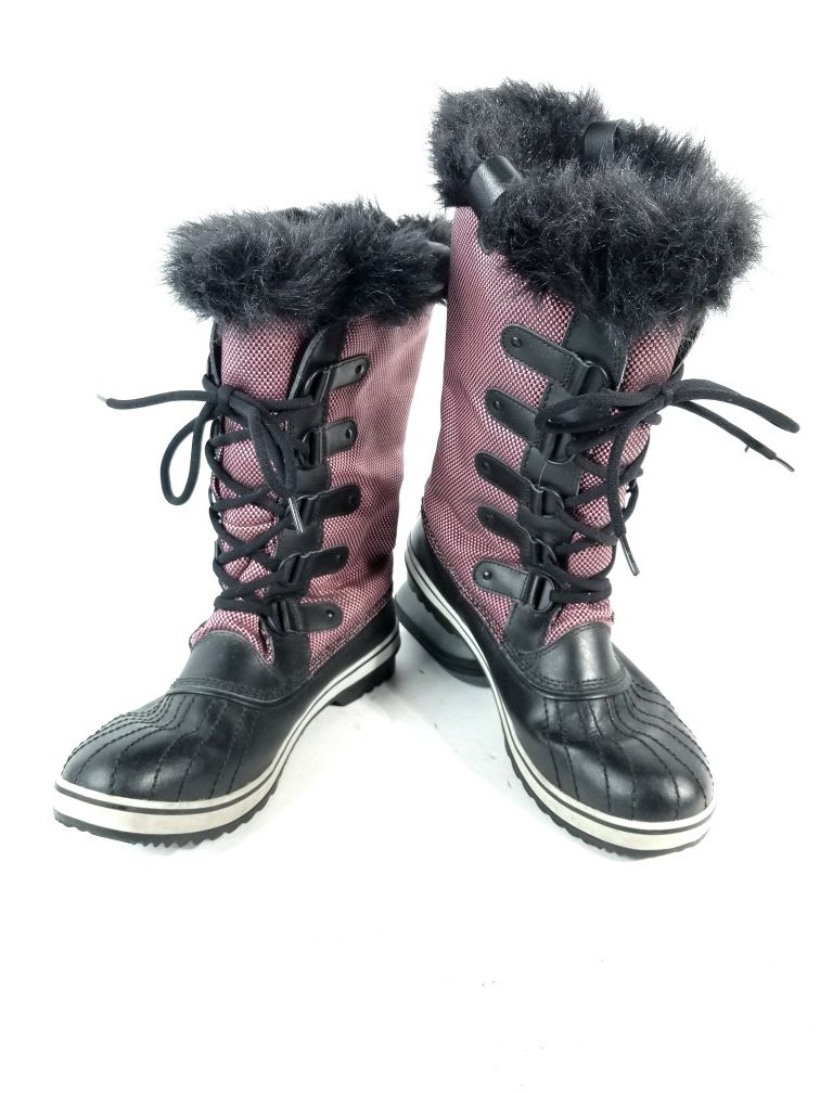Sorel Women's Sz 12 Pink Black Tofino Canvas Tall Quilted Snow Waterproof Boots