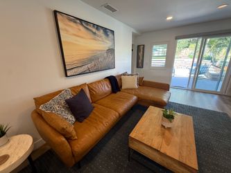 Vegan Leather Midcentury Couch with Chaise/ Black legs / Right Facing By Albany Park