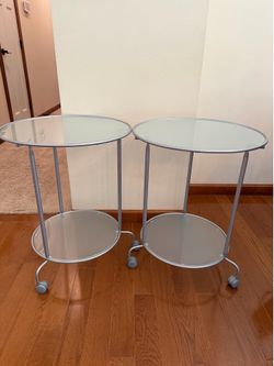 Pair of 2-Tier Modern Glass Rolling Side Tables / Nightstands (Set of 2