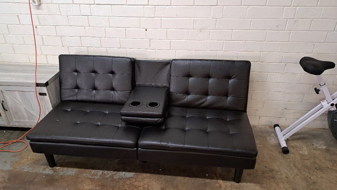 New Modern Futon Sofa With Cup Holders Faux Leather Brown See Pictures For Dimensions 
