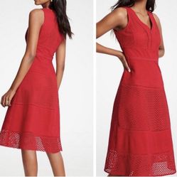 Ann Taylor Red Lace Eyelet Lined Midi Dress Sz 4 , Cotton 100% Excellent 