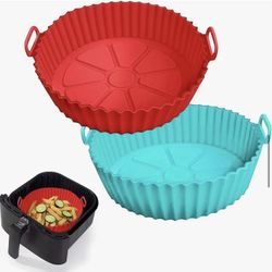 New 2pc Set Round Silicone Air Fryer Liners 3-5qt Red & Turquoise Blue