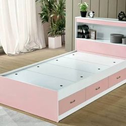 Twin storage platform bed frame with drawers & headboard - white/pink - NEW