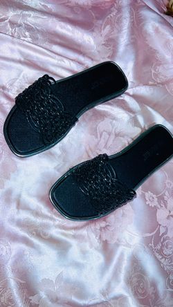 Black Chain Strap Flat Slide Sandals
