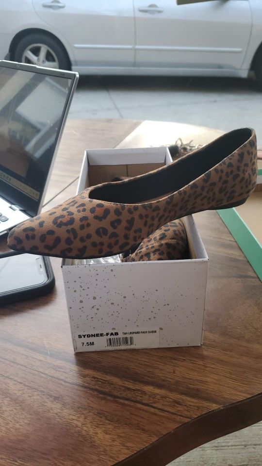 ABOUND LADIES TAN LOW HEEL LEAPORD PRINT FLAT SHOE