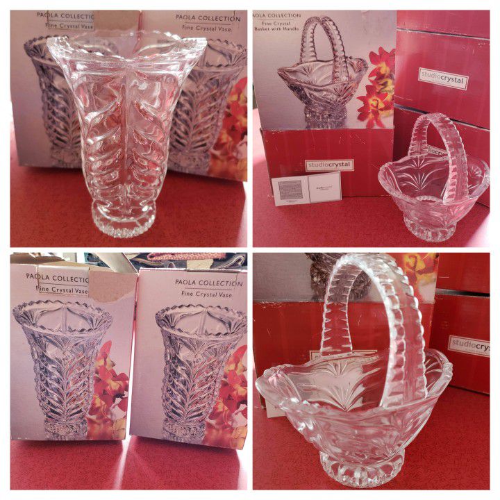 NIB CRYSTAL VASES AND BASKETS 
DECORATIVE MINI PLATES
GLASS CANDLE HOLDERS 
PRICES IN DESCRIPTION