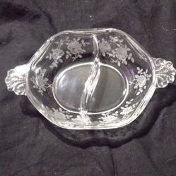 Crystal glass two-part relish dish with etched rose pattern 'Willowmere' by Fostoria