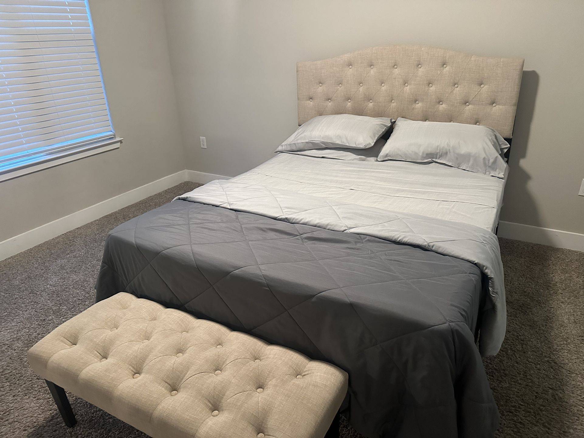 $75 Queen Bed Set With Mattress, Box spring, Bed Frame And Matching Stool