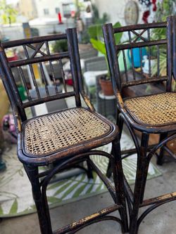 Vintage Bamboo Rattan Bar Stools – Pair – Mid-Century/Tiki Style