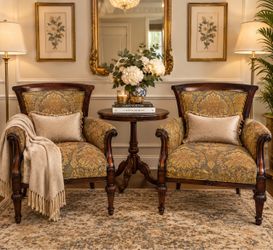 Pair of Traditional vintage Damask Upholstered Armchairs
