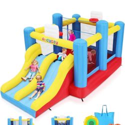 AKEYDIY Inflatable Bounce House, Outdoor Indoor Bouncy House with Blower for Kids, Sports Ball Game Theme Park Bouncer w/Double Slide, Large Bounce Ar