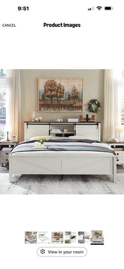 Farmhouse Queen Bed – Bookshelf Headboard, USB Ports & Outlets