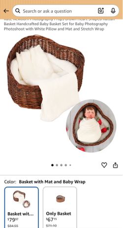 Kate Newborn Photography Prop-Brown Heart Shaped Rattan Basket Handcrafted for Baby Photography Photoshoot with White Pillow, Mat and Stretch Wrap