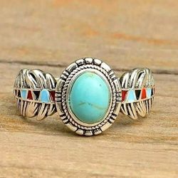 Vintage Natural Turquoise Antique Silver Feather Ring - Size 7