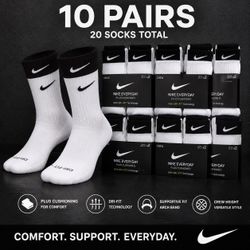 10 Pairs Nike Everyday Plus Cushioned Crew Socks Sports Casual White DD2795