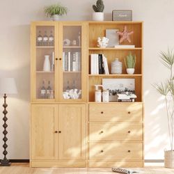 Set of 2pcs Book Cabinet Drawers with glasses doors and drawers oak color natural Bookcase