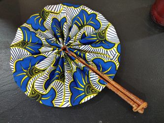 Vintage African Handmade Wax Print Folding Hand Fan W Leather Wrapped Handles
