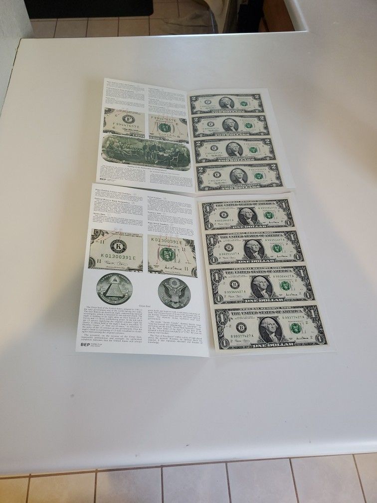 4 Each of $1 &$2 Uncut Bills