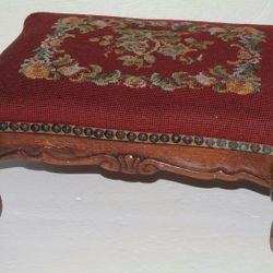 VTG Carved Wood Footstool, Foot Rest, Seat, Emboidered, Needlepoint Victorian