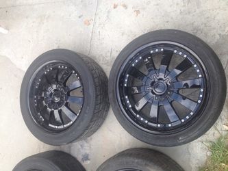 20’ Demoda rims. Taken off a Chevy Silverado. One of the tires is flat but other 3 are okay.