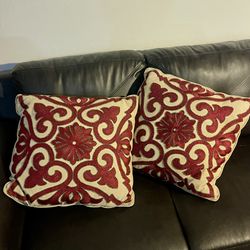 Pair of Embroidered Decorative Throw Pillows –  Neutral / Burgundy Accent