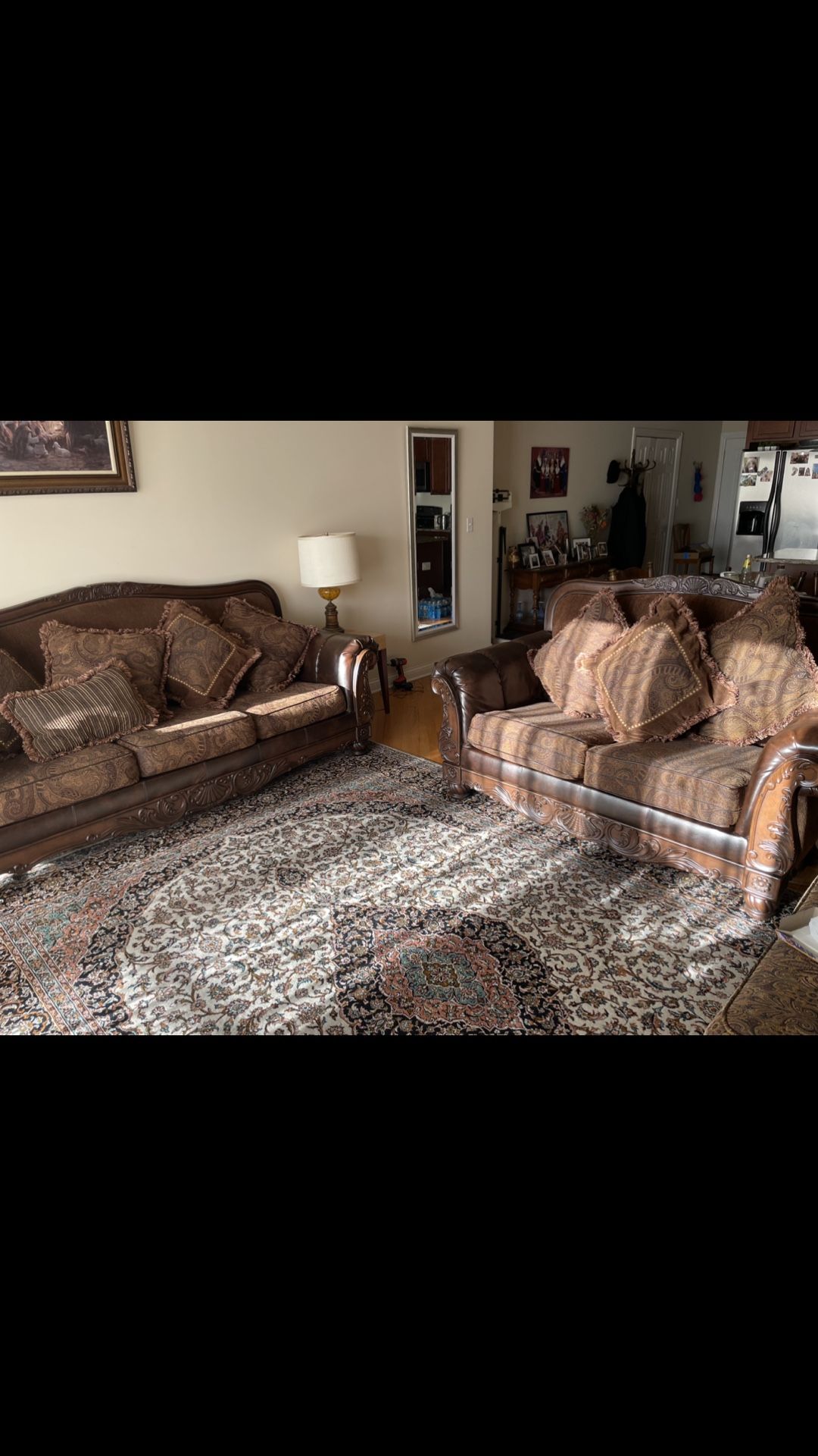 Beautiful Faux Leather And Fabric Couch Set
