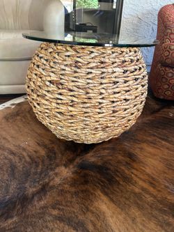 Woven Rattan Base, glass top table.