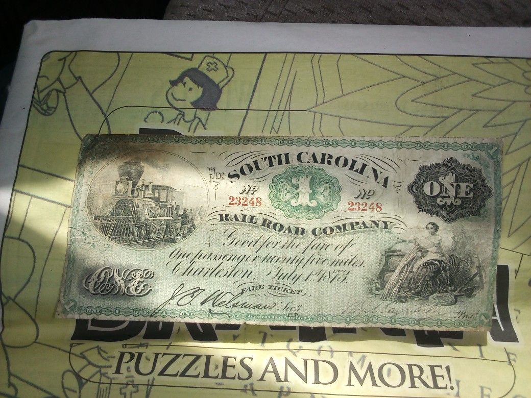 South Carolina Railroad Company 1873 $1 Fare Ticket