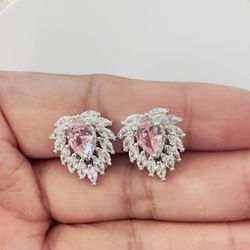 Silver Plated Pink Least Rhinestones Stud Earrings. New