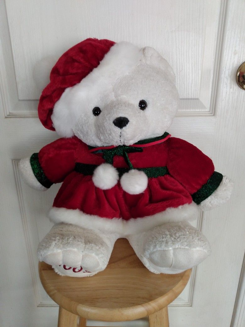 Christmas toy- polar bear stuffed animal with red dress and hat