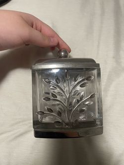 Glass Jar with Silver Lid and Tree Design