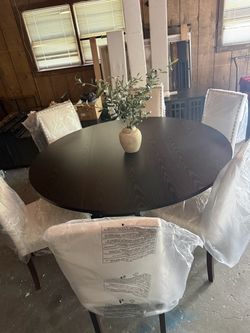 (NEW)Round Dark Wood Dining Table with 6 Chairs
