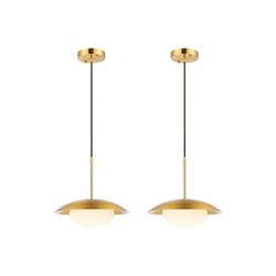 New Modern Pendant Lighting Set of 2 Industrial Hanging Light Brushed Brass Finished Dome Shades White Globe Glass Lampshade Light Fixture for Kitchen