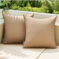 Pack of 2 Decorative Outdoor Waterproof Pillow Covers Square Garden Cushion Sham Throw Pillowcase Shell for Patio Tent Couch 16x16 Inch Light Brown
