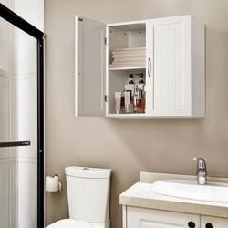 Bathroom Wall Cabinet, Medicine Cabinet with 2 Doors and Adjustable Shelf Cupboard Unit, Over The Toilet Storage Organizer for Living Room, Kitchen, L