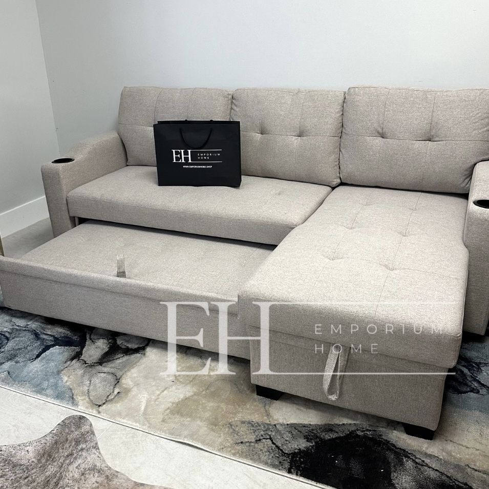 Grey Fabric Sofa Sleeper Sectional With Storage 🔥FINANCING AVAILABLE 