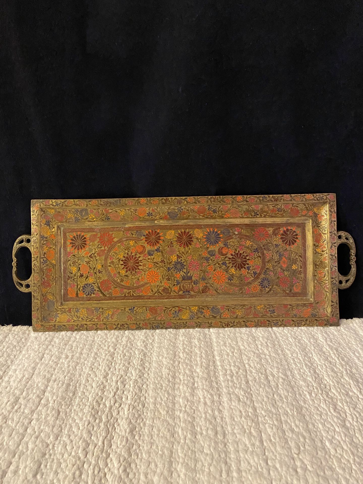 Tray Brass Painted Floral Rectangle 18” Handle To Handle 7” Wide