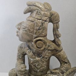 12” Hand-Carved Stone Mayan Warrior Statue
