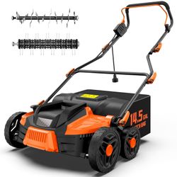 Used but like new TIECTOWN 16-Inch 15.5 Amp 2-in-1 Electric Dethatcher and Scarifier with 14.5-Gallon Collection Bag, Lawn Dethatcher with 5-Position