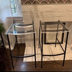 Set of three CB2 Chiaro Clear Acrylic Bar Stool With Black Legs, used like new, 30 inches 