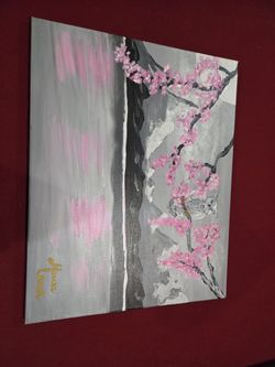 Owl  and Cherry Blossoms  painting 16×20 in