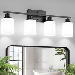Ascher Bathroom Light Fixtures, 4-Light Vanity Light Over Mirror, Matte Black Wall Sconces with Milky White Frosted Glass Shades