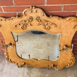 Large Antique Oak Beveled Mirror With Hat/Coat Brass Hooks