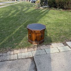 Vintage Wooden Mid Century Modern End Table, Octegon shape, 24 in,21 high, solid, w/door/shelf, $25