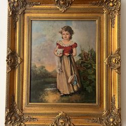 Oil On panel Girl With White Kitten 