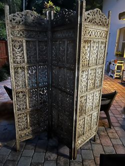 70"H Ornate Carved Wood Room Divider Privacy Screen